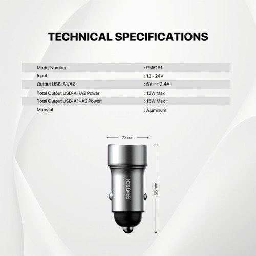Fantech PME15 PowerMove 15W 2 Port Car Charger Adapter Silver